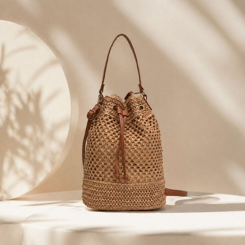 Häkel-Crossbody-Tasche mit Kordelzug Große Kapazität Gewebte Tragetasche Trendige Stroh-Eimertasche Damen