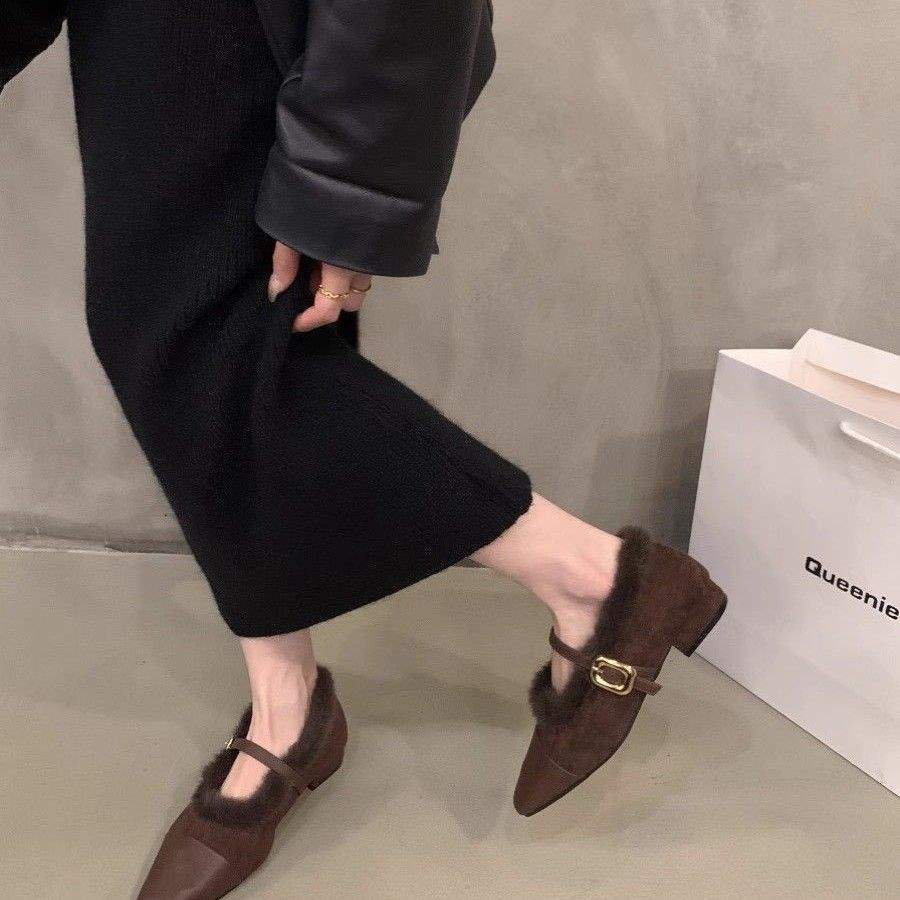 French Flat-bottomed Plush Shoes Mary Jane Single Shoes Women's Shoes 2025 New Autumn and Winter Warm Cotton Shoes Evening