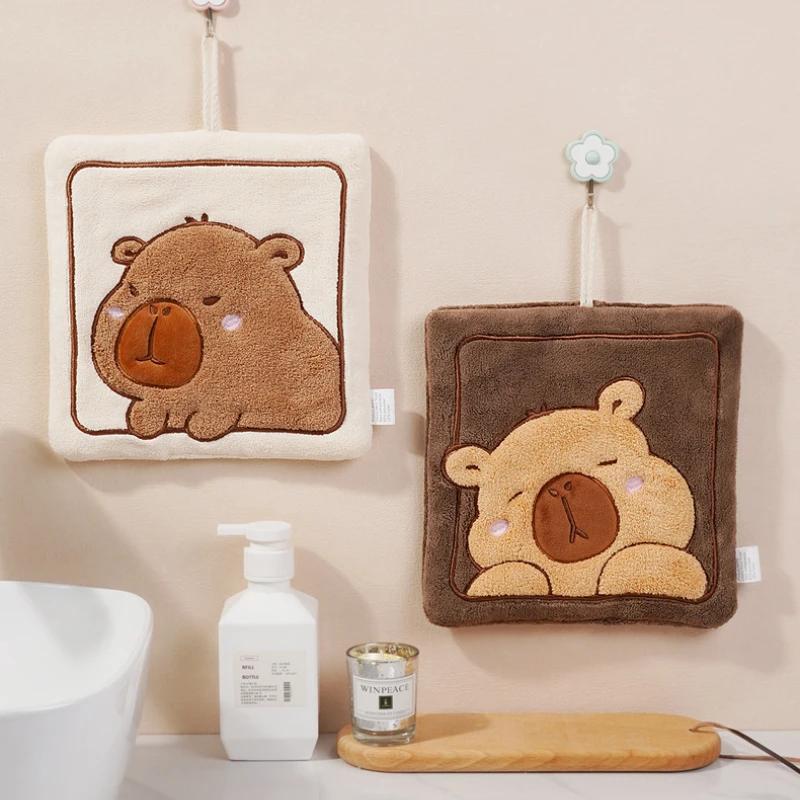 Kawaii Kapibara Hand Towel Thickened Coral Fleece Embroidered Towels Cute Hand Cloth Kitchen Children's Handkerchief Towel