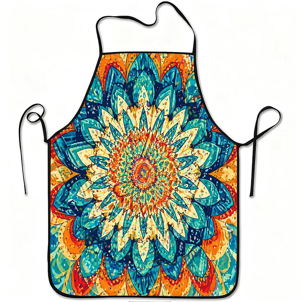 1pc Bohemian Mandala Apron with Adjustable Waistband & Mandala Flower Print - Durable Easy-Clean Polyester Suitable for Kitchen Cooking, Gardening, Pi