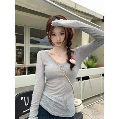 Gyaru Sexy Thin Slightly Transparent V-neck Knit T-shirt Women Summer Pure Desire Long Sleeve Sun Protection Cover Up Slim