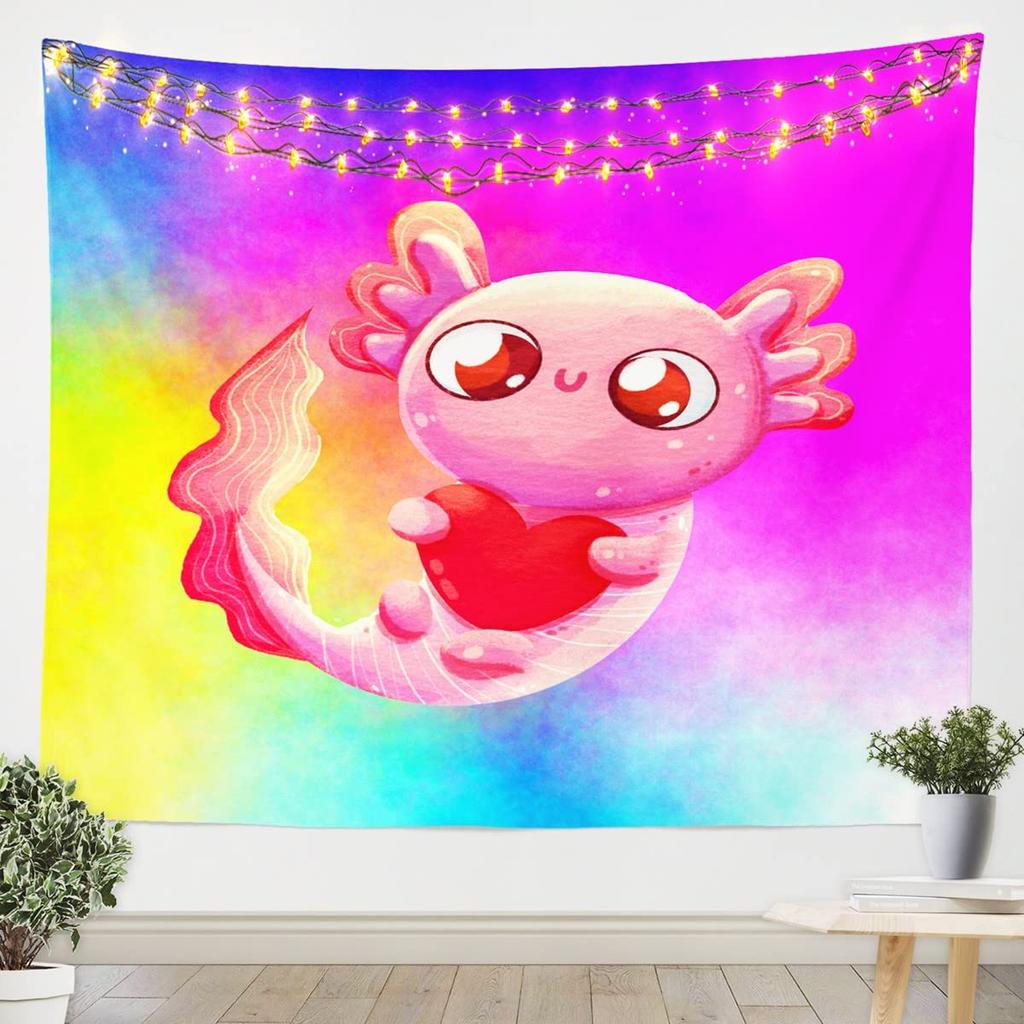 Cute Cartoon Axolotl Tapestry Seaweed Wall Blanket Tapestries Marine Life Wall Hanging for Kids Teens Girls Boys Room Home Decor