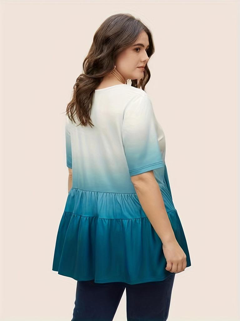 Gradient Plus Size V-Neck Casual Short Sleeve Cover-Up Shirt