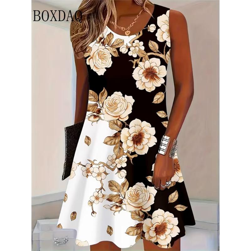 Sundress Floral  Print Women's Casual Sleeveless Tank Dress Summer Vacation Casual Retro Loose Plus Size Woman Clothing