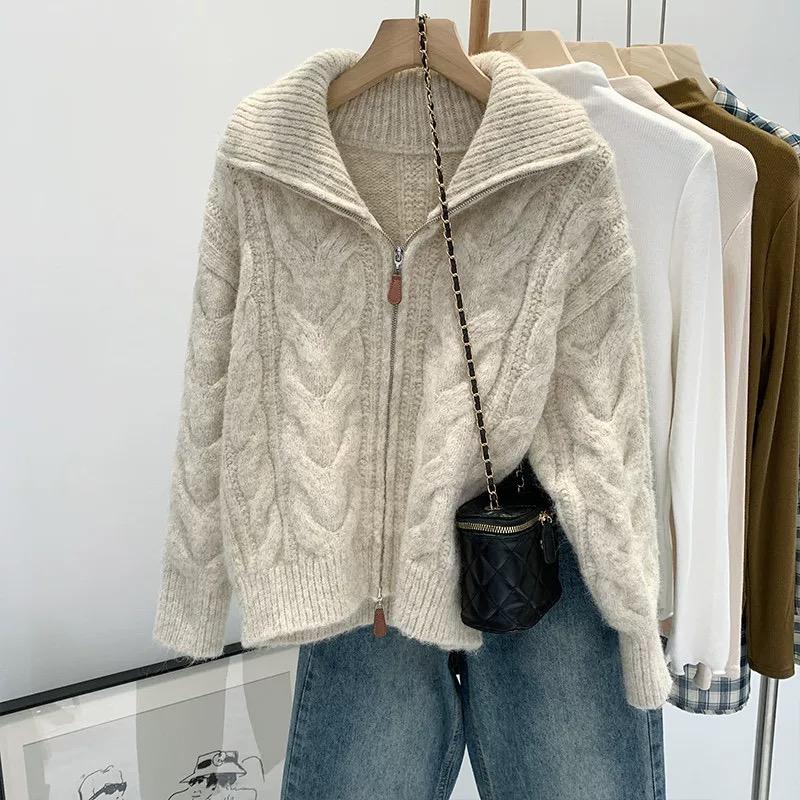 Solid Color Double Zipper Turn-down Collar Sweater Women Autumn Winter Loose Knitted Cardigan Women Top