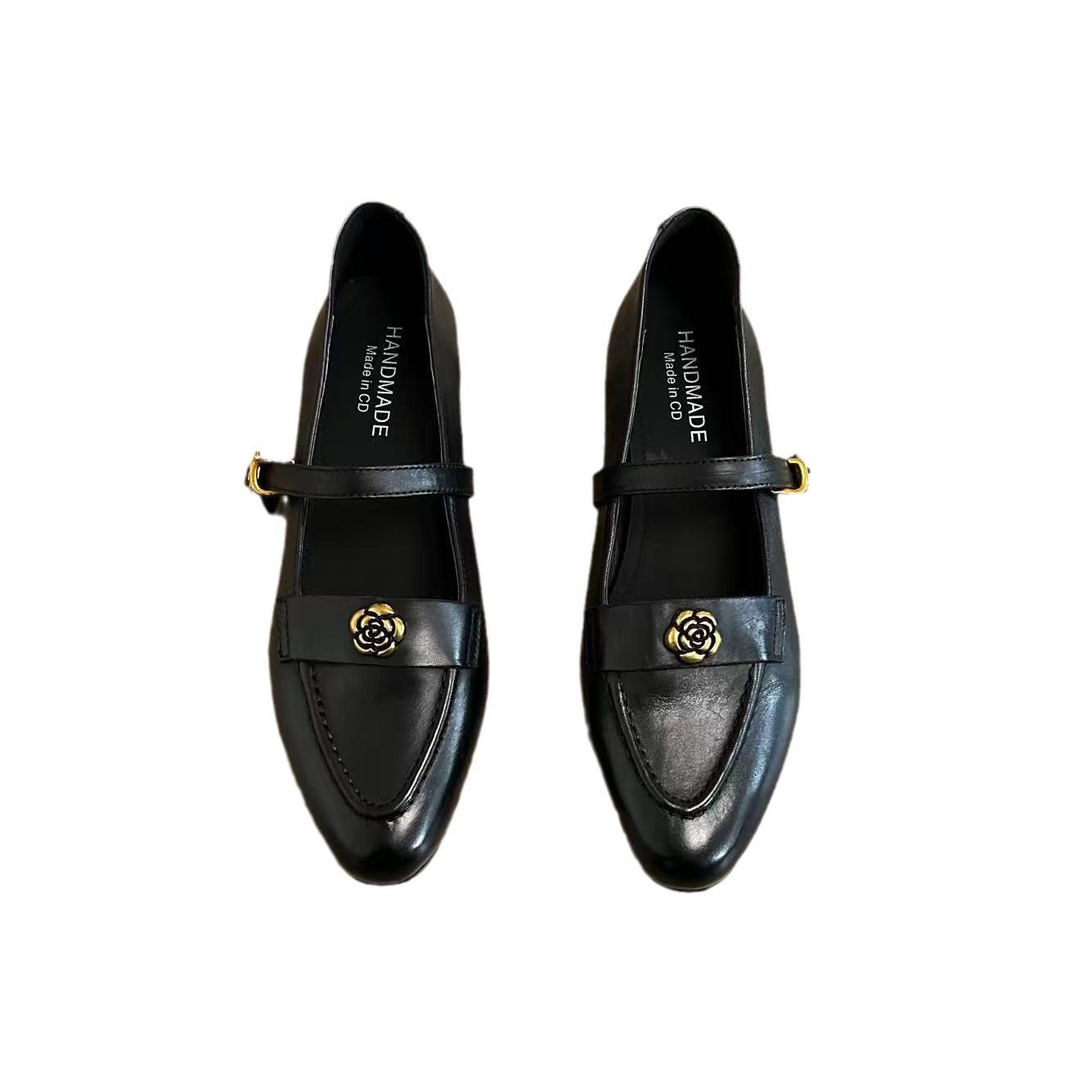 

2025 retro camellia one-word buckle Mary Jane first layer calfskin women s new British style single shoes women 35