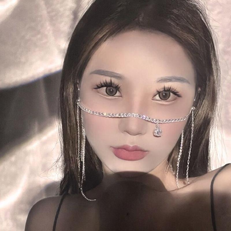 Bling Rhinestone Long Chain Tassels Pendant Face Jewelry for Women Party Accessories Crystal One Row Face Chain Jewelry