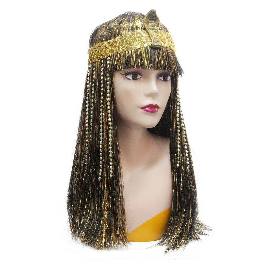 New Fashion Egyptian Queen Cosplay Wig-Golden Snake Head Headwear Golden Rain Silk Black Long Straight Synthetic Wig