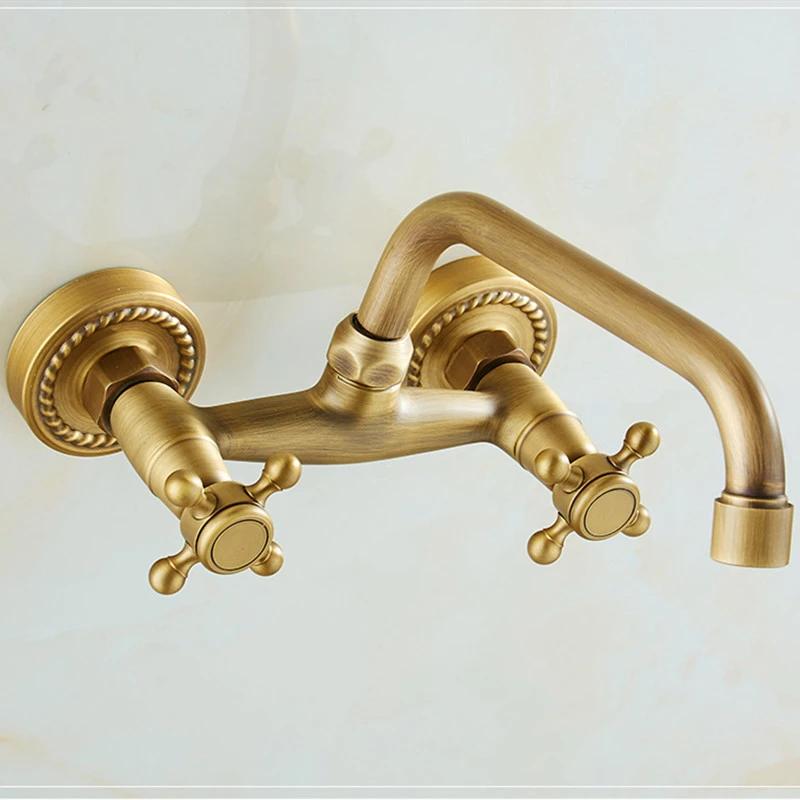 Wall Mounted Bathroom Kitchen Faucet Dual Handle Brass Antique Hot and Cold Water Tap 360 Swivel Long Spout Mixer Tap