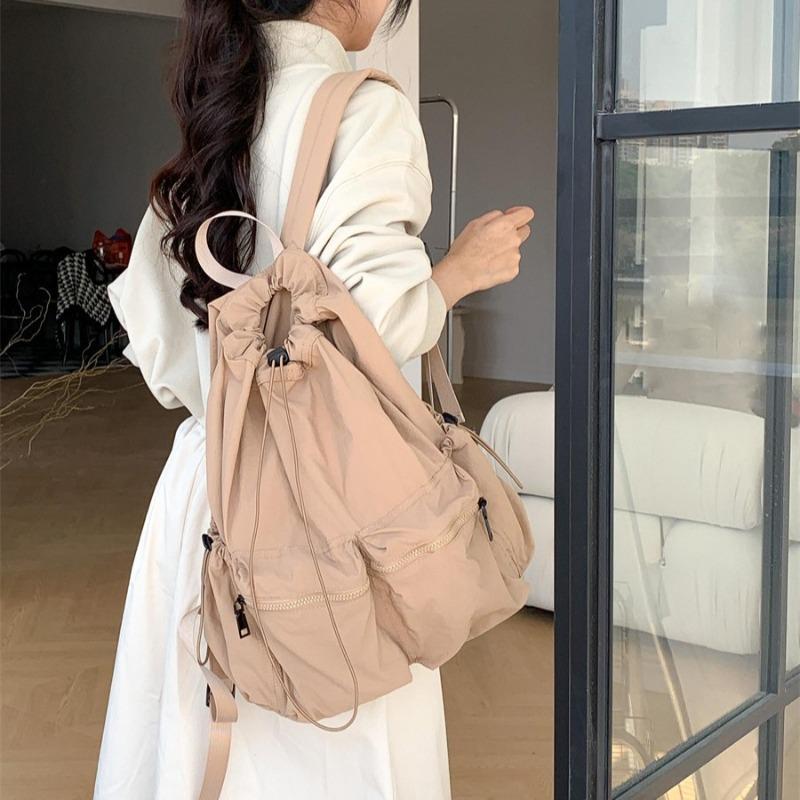 Drawstring Pleated Schoolbag Backpack Women's Niche~~ Nylon Large Capacity Travel Light Backpack Commuter Women