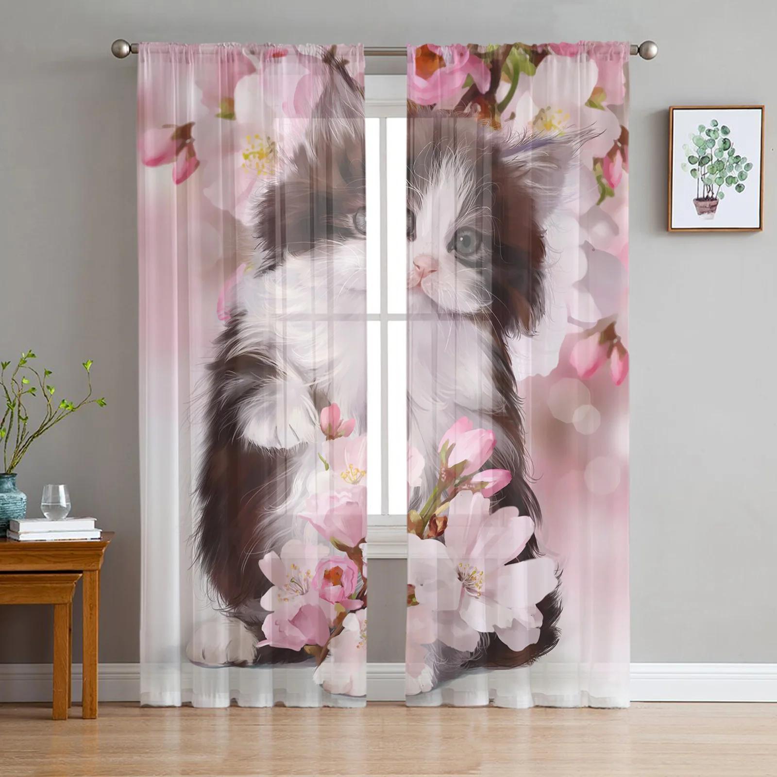 

Мультяшные животные, черные кошки, мыши, тюлевые шторы для гостиной, спальни, кухни, шифоновые прозрачные вуали, оконные шторы W135 x H115cm x1&Grommet Top