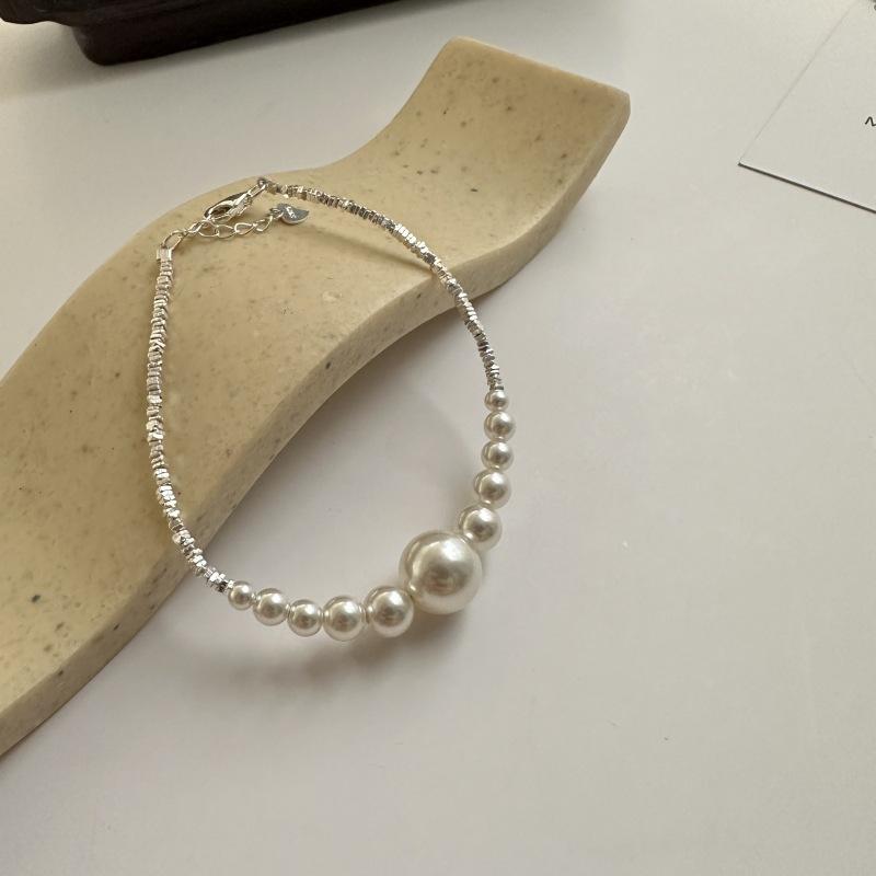 S925 Sterling Silver Smile Gradual Change Broken Silver Necklace French Retro Elegant Simple Strong Light Pearl Bracelet Jewelry