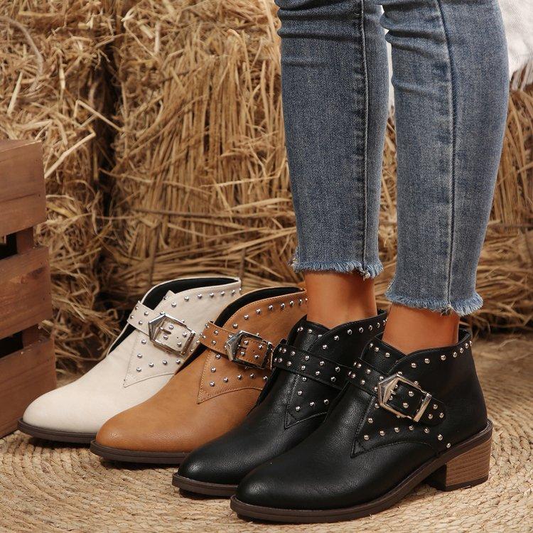 

Large size pointed head low tube square heel fashion boots autumn and winter new short tube buckle belt Chelsea women s boots 43 коричневый