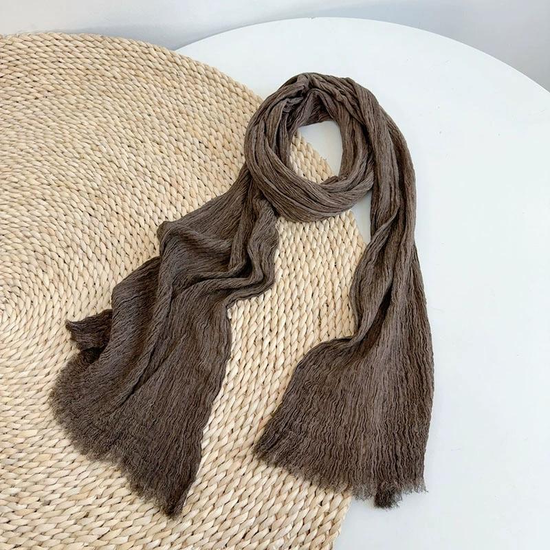 Solid Color Cotton Crinkled Scarf for Women Retro Neck Warmer Decorative Narrow Long Striped Scarf Wrap Shawl for Autumn 220cm