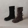 Krazing Pot Cow Suede Nubuck Winter Round Toe Modern Boots Med Heels Slip on Pleated Style Metal Buckle Mid-calf Boots