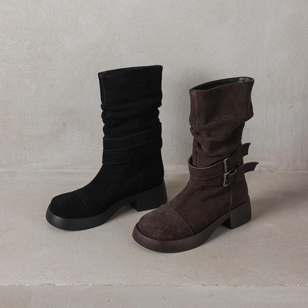 Krazing Pot Cow Suede Nubuck Winter Round Toe Modern Boots Med Heels Slip on Pleated Style Metal Buckle Mid-calf Boots
