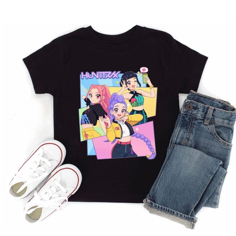 Hot Sale Kpop Demon Hunters Print Fashion Kids T-shirt Baby Boys Girls Clothes Summer Children Cotton Short Sleeve Black T shirt