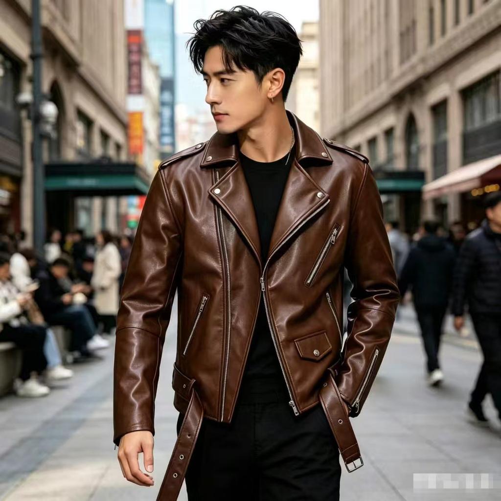 Autumn and winter new men's clothing washed leather jacket shoulder badge belt model locomotive large size men's leather jacket locomotive jacket
