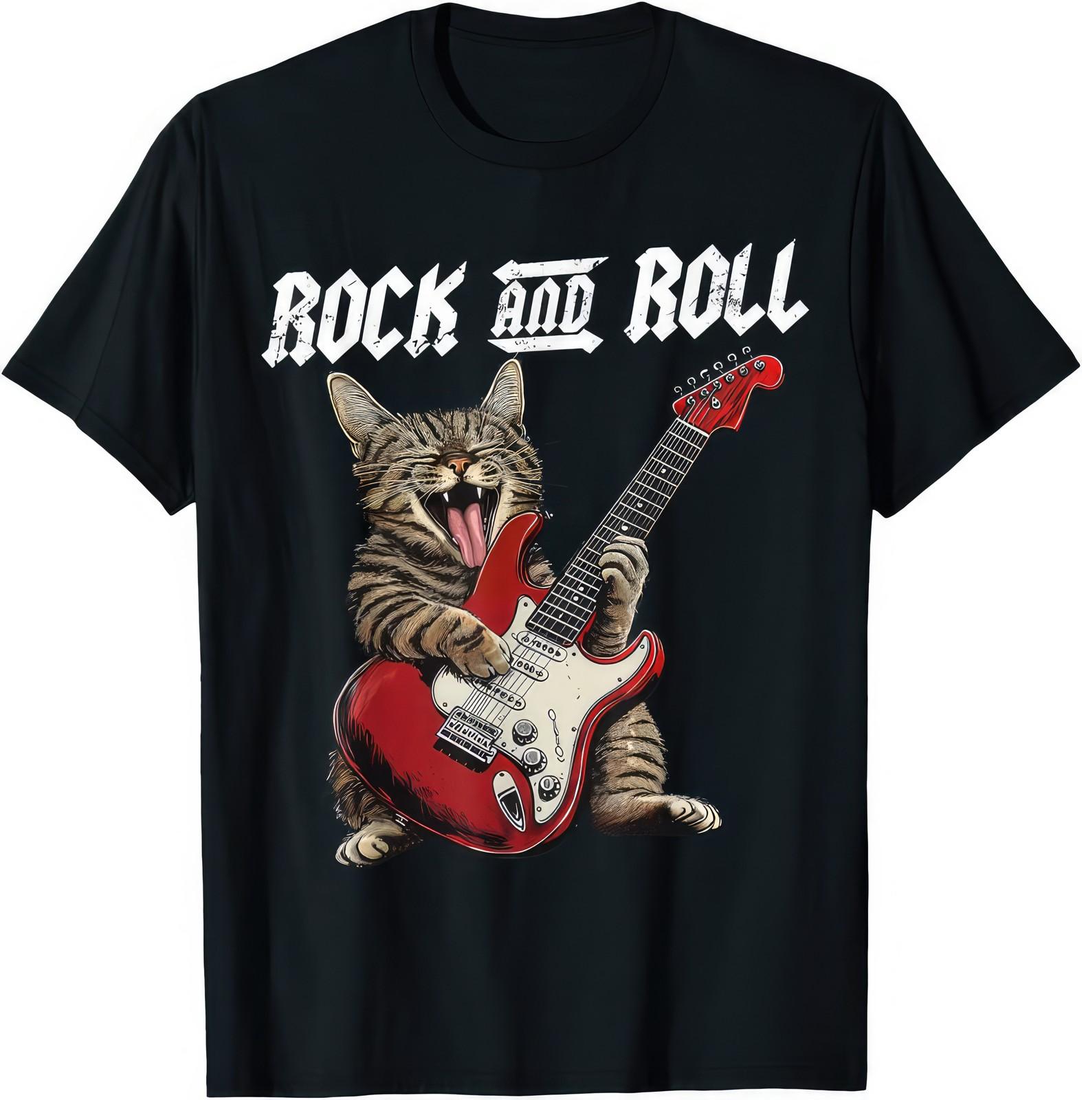 Rock Roll Cat Playing Guitar T Shirt Funny Music Lover Band Graphic Tee S