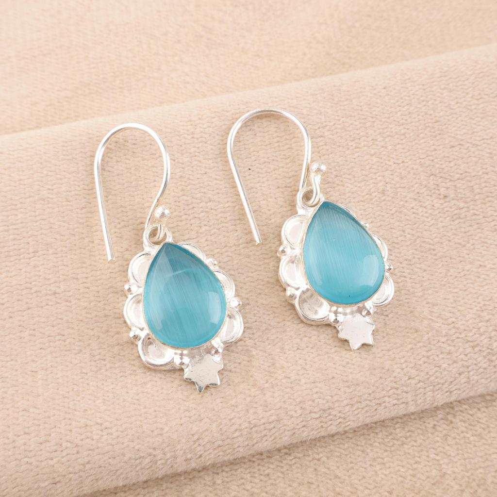 Blue Cat's Eye 925 Solid Sterling Silver Earrings, Handmade Gemstone Earrings Jewelry, Gifts For Wife Brand New Earrings