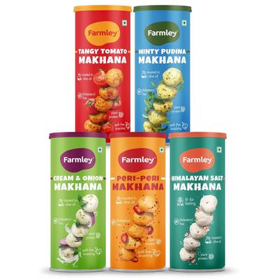 Roasted & Flavoured Healthy Makhana Snacks - Minty Pudina, Peri Peri, Tangy Tomato, Cream & Onion, Himalayan Salted | (Combo Pack of 5, 77 G Each)