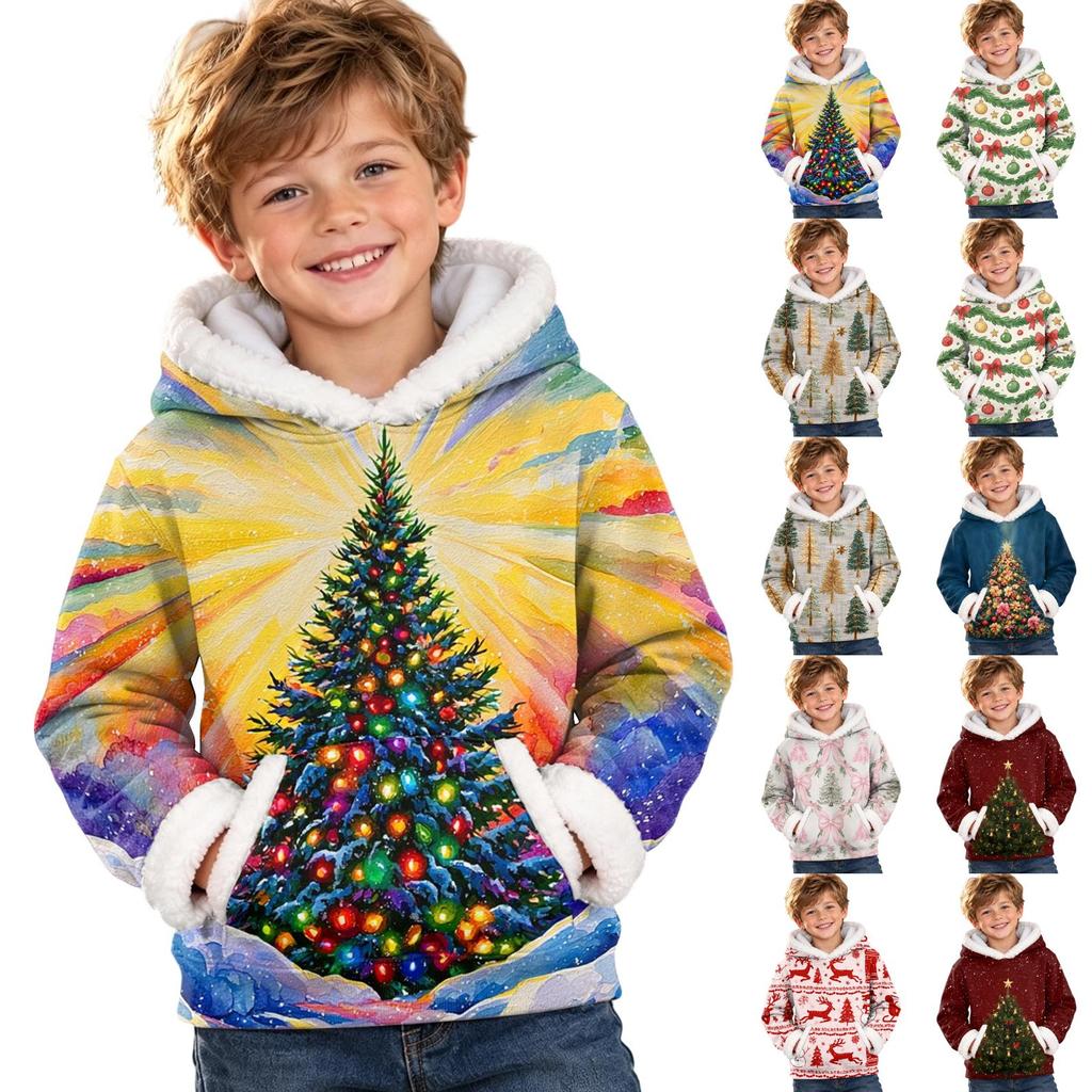 Kids Long Sleeve Christmas Print Casual Fashion Hooded Top