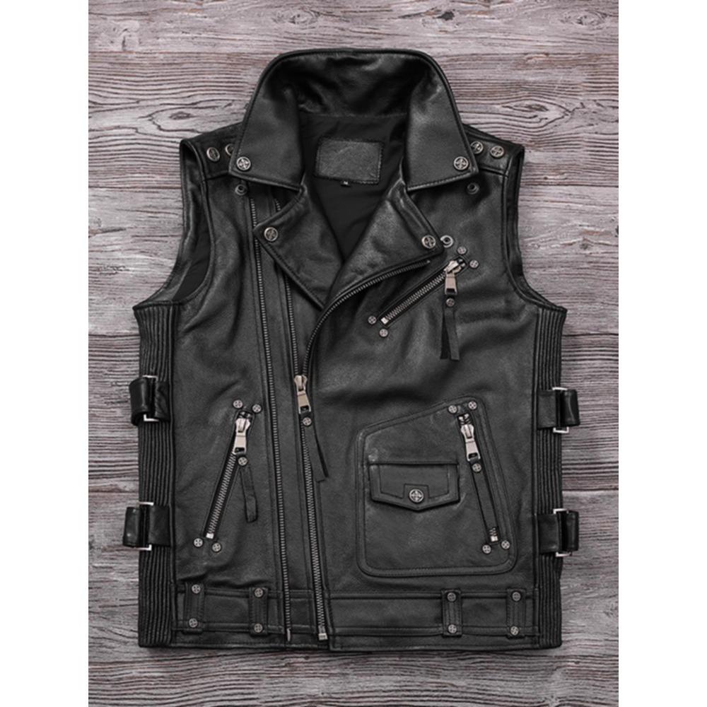 Chinese Size Biker Vest Top Layer Cowhide Leather Vest Men's Slim Short Motorcycle Clothing Riding Jacket Sleeveless Genuine Cow Club Vest