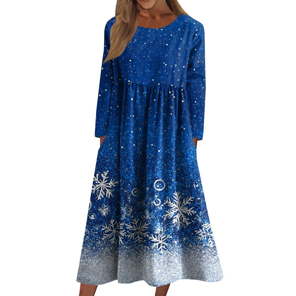Women's Casual Crew-neck Christmas Print Mid-length Dress Long-sleeved Dress With Pocket