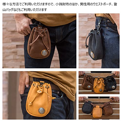 Whatna Natural Thick Cowhide Leather Coin Purse for Men and Women, 2-Way Drawstring Bag, Mini Sacoche Bag, Carabiner Pouch, Belt Loop, Mini Waist Bag,