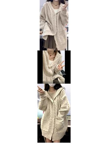 Dámský pletený kardigan s kapucí a silnou copánkovou vazbou - Podzimní/zimní styl
