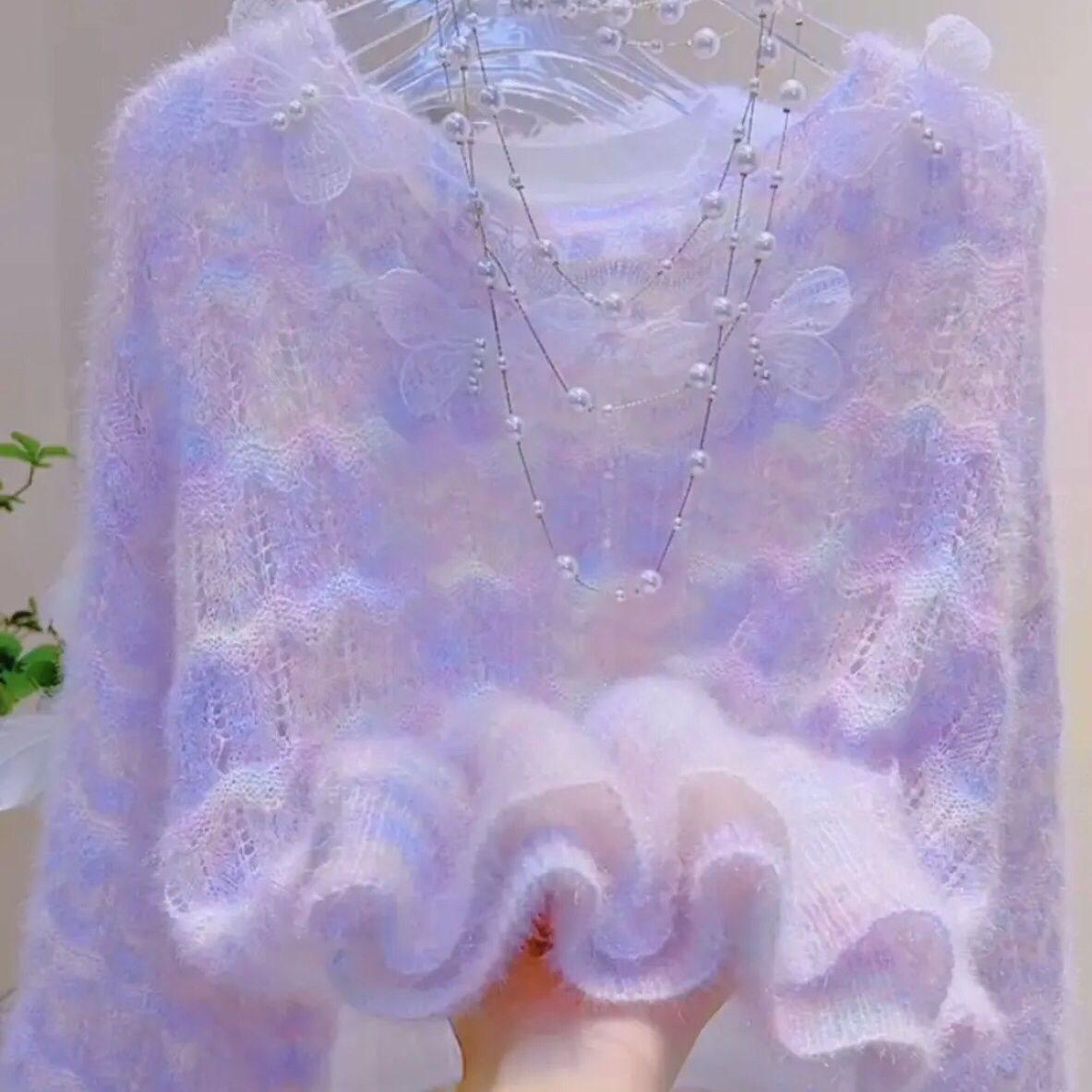 

Топ вязаный с градиентным цветом: Весенне-осенний дизайн с бабочками и цветами S зелёный