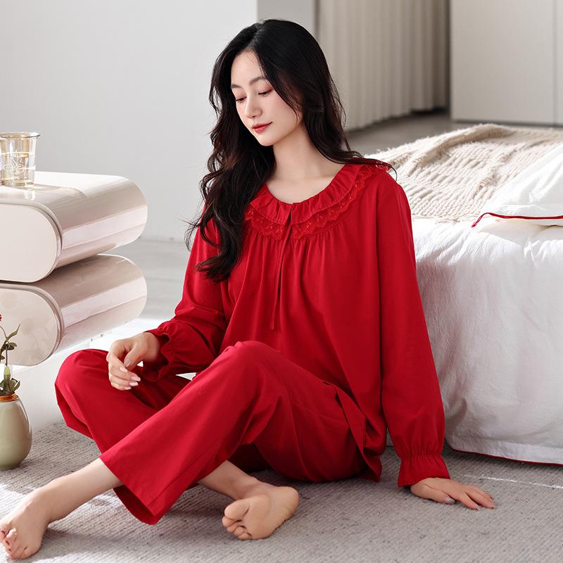 Pajamas With Chest Pads Women'S Pure Cotton Long-Sleeved Loungewear Princess Style Red Wedding Suit