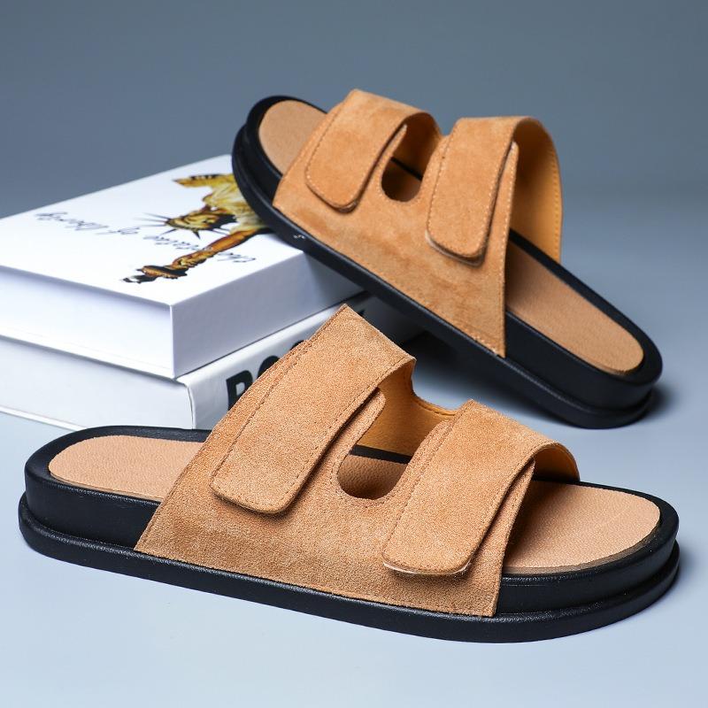 Unisex Suede Double Strap Slide Sandals with Adjustable Velcro and Soft Insole for Casual Summer Wear