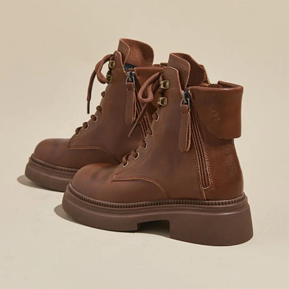 Fashion Boots Women's Spring Autumn Retro Womens Leather Shoes with Double-sided Zippers Platform Casual Shoes Soft Soled Leather Boots
