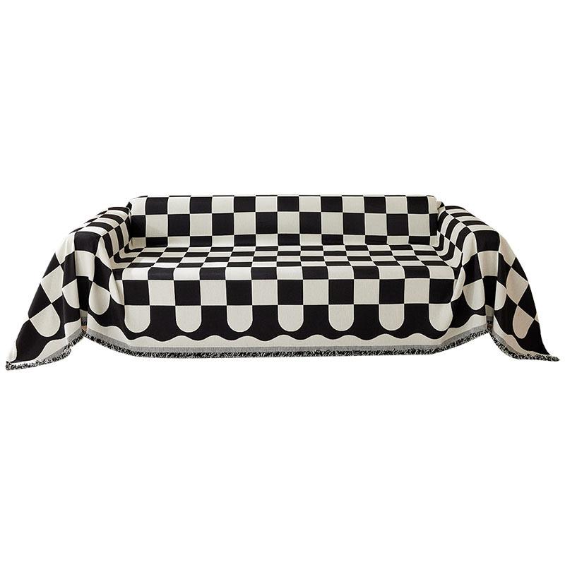 Chenille Black and White Chessboard Plaid Sofa Cushion Sofa Cover Four Seasons Universal Simple Black Cushion Backrest Towel Cover Cloth