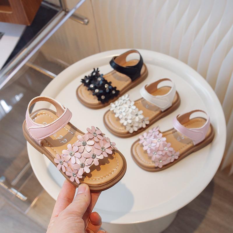 Summer girls' flower sandals, Korean style fashionable princess design, baby sandals with anti-slip soft sole, children's sandals.