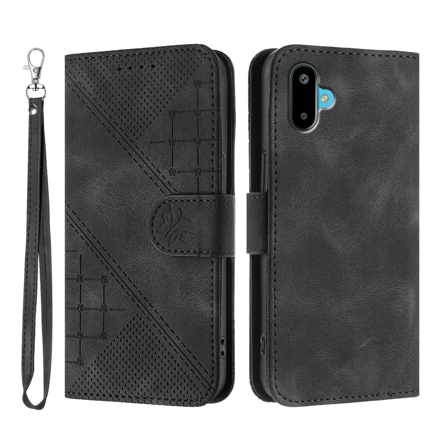 

For Samsung Galaxy M06 5G/Galaxy F06 5G Leather Wallet Case Butterfly Flower Imprinted Phone Cover with Strap Black
