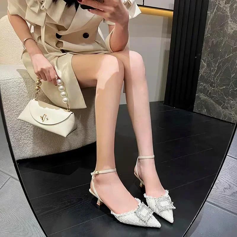 Summer Rhinestones sandalias mujer verano 2024 Fashion Pointed Toe Shallow Slip on Ladies Elegant Slingback Shoes Casual Heels