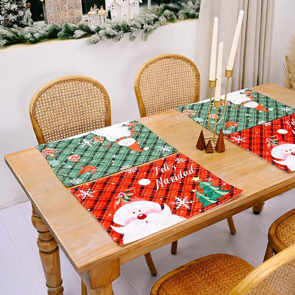 Festive Christmas Placemats With Santa And Snowflakes Red Green Checkered Design For Holiday Celebrations