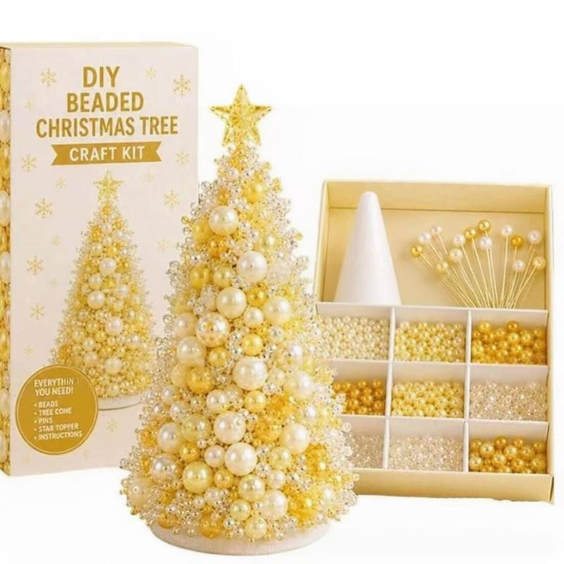 DIY Pearl Bead Christmas Tree Craft Kit 1 Set Mini Lightweight Tabletop Xmas Ornament for Travel Holiday Decor