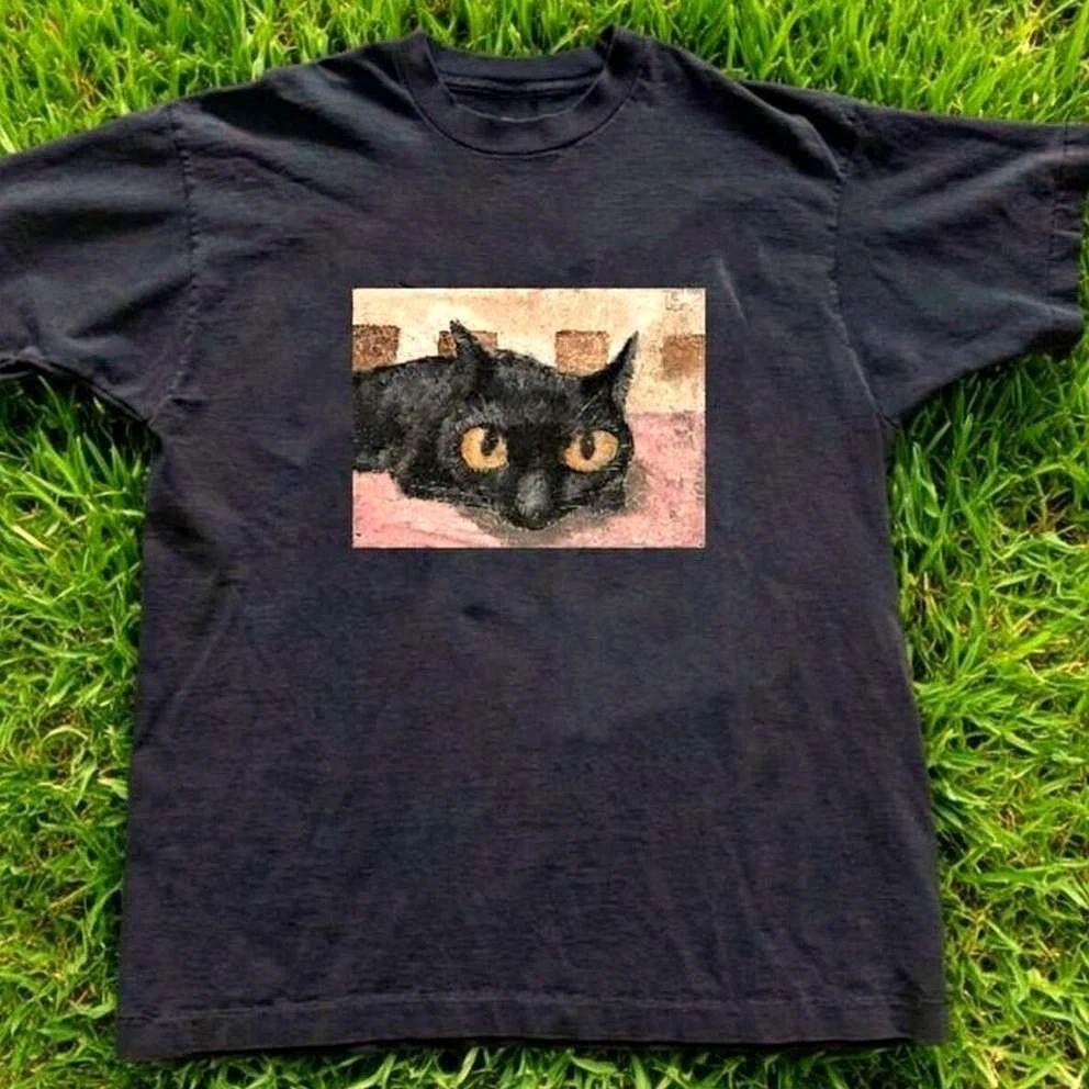 New Cat Top Y2K Fashion Short Sleeve Print Harajuku Hip Hop Top Round Neck Tshirt Casual Loose Streetwear Unisex