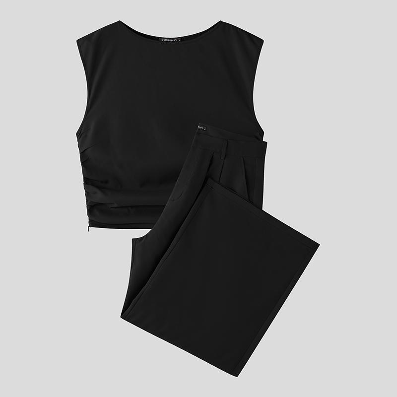 

INCERUN Men Two Pieces Sleeveless Ruffled Tank Tops and Trousers Casual Pants Sets Outfits S чёрный