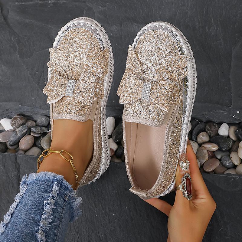 Fashion Women's Gold Silver Bowtie Sequin Flats Shiny Crystal Thick Sole Platform Loafers Ladies Light Comfort Non Slip Casual Shoes