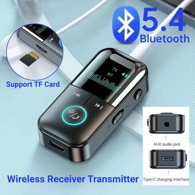 Receptor Transmissor Bluetooth 5.4 Jack 3.5mm Receptor de Áudio AUX Suporte Cartão TF Adaptador de Áudio Sem Fio com Microfone Display Digital LED