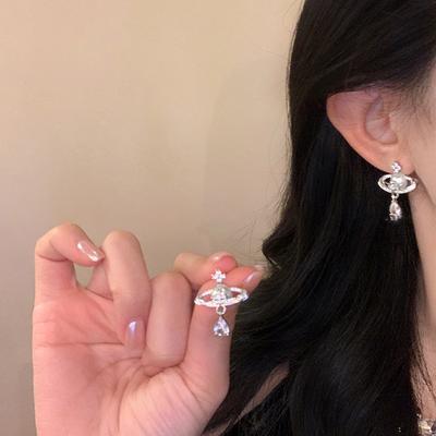 Micro-inlaid Zircon Cross Saturn Stud Earrings Light Luxury High-end Earrings Fashion Niche French Versatile Earrings