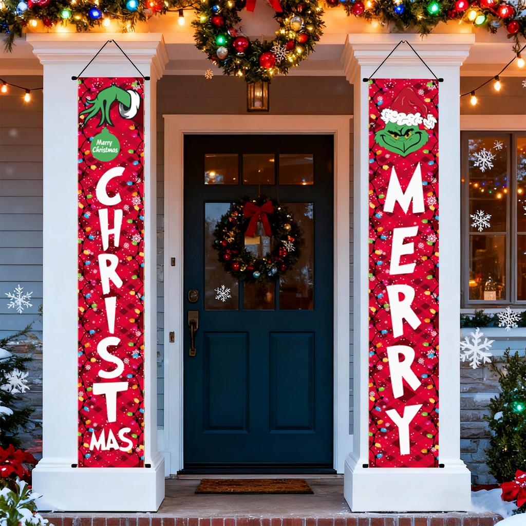 New Arrival! 30*180cm Christmas GreenGhost Couplets - Polyester,Durable& Eye-catching Design For Home & Cafe Decoration.
