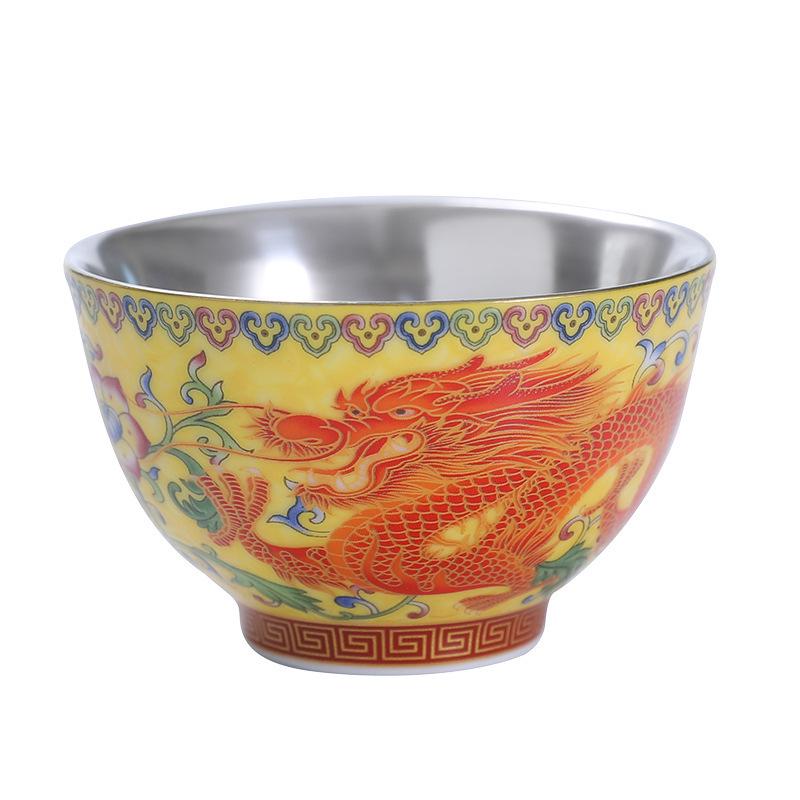 Handmade 999 Sterling Silver Dragon & Phoenix Enamel Tea Cup Gift Set - Gongfu Court Style