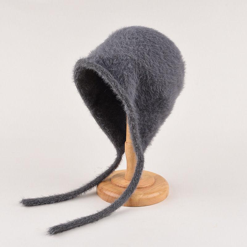 Imitation Mink Fur Lace-up Pullover Cap Women Plush Fisherman Hat Winter Warm Ear Protection Headgear Bonnet Solid Velvet Beanie