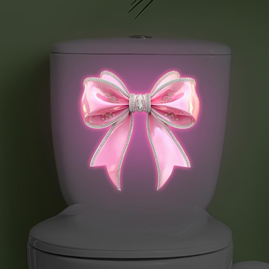Pink Bow Toilet Stickers Featuring Glow-In-The-Dark Bows, Rhinestone Embellishments, And Luminous Designs