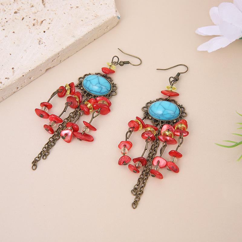 

Бирюзовый комплект головного украшения с кисточками и серег - Украшение на лоб в древнем стиле для женщин